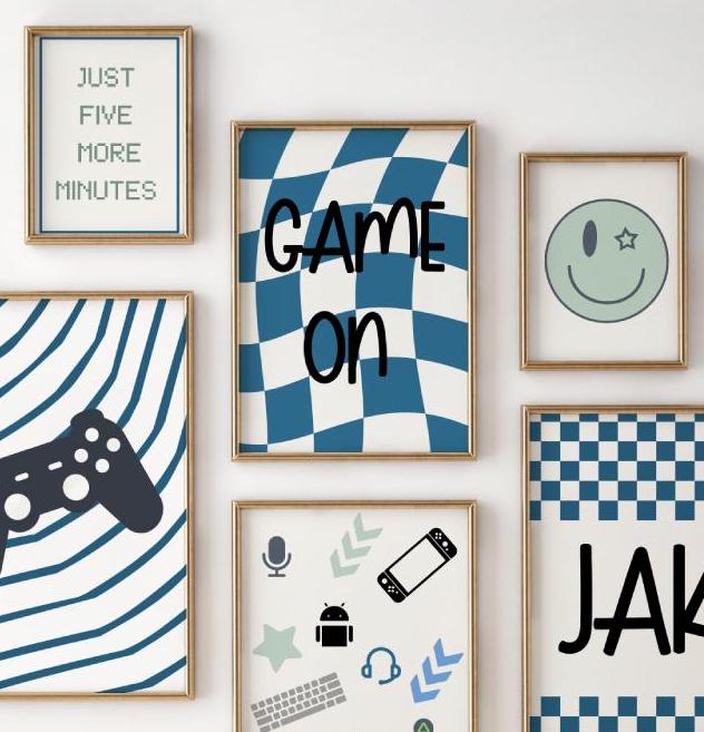 Boys gaming wall print set, blue reto decor childrens kids bedroom or playroom, just five more minutes quote