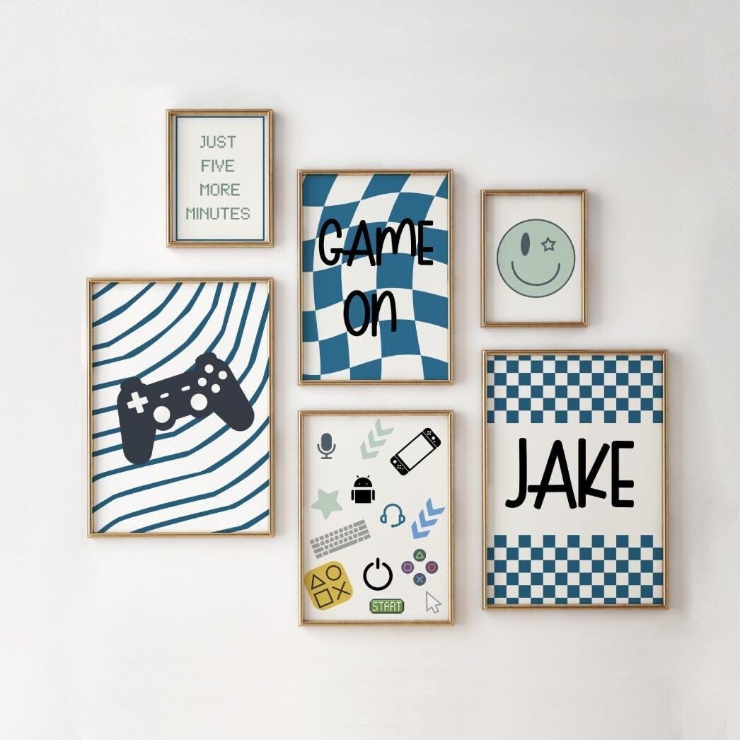Boys gaming wall print set, blue reto decor childrens kids bedroom or playroom, just five more minutes quote