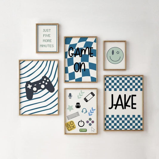 Boys gaming wall print set, blue reto decor childrens kids bedroom or playroom, just five more minutes quote