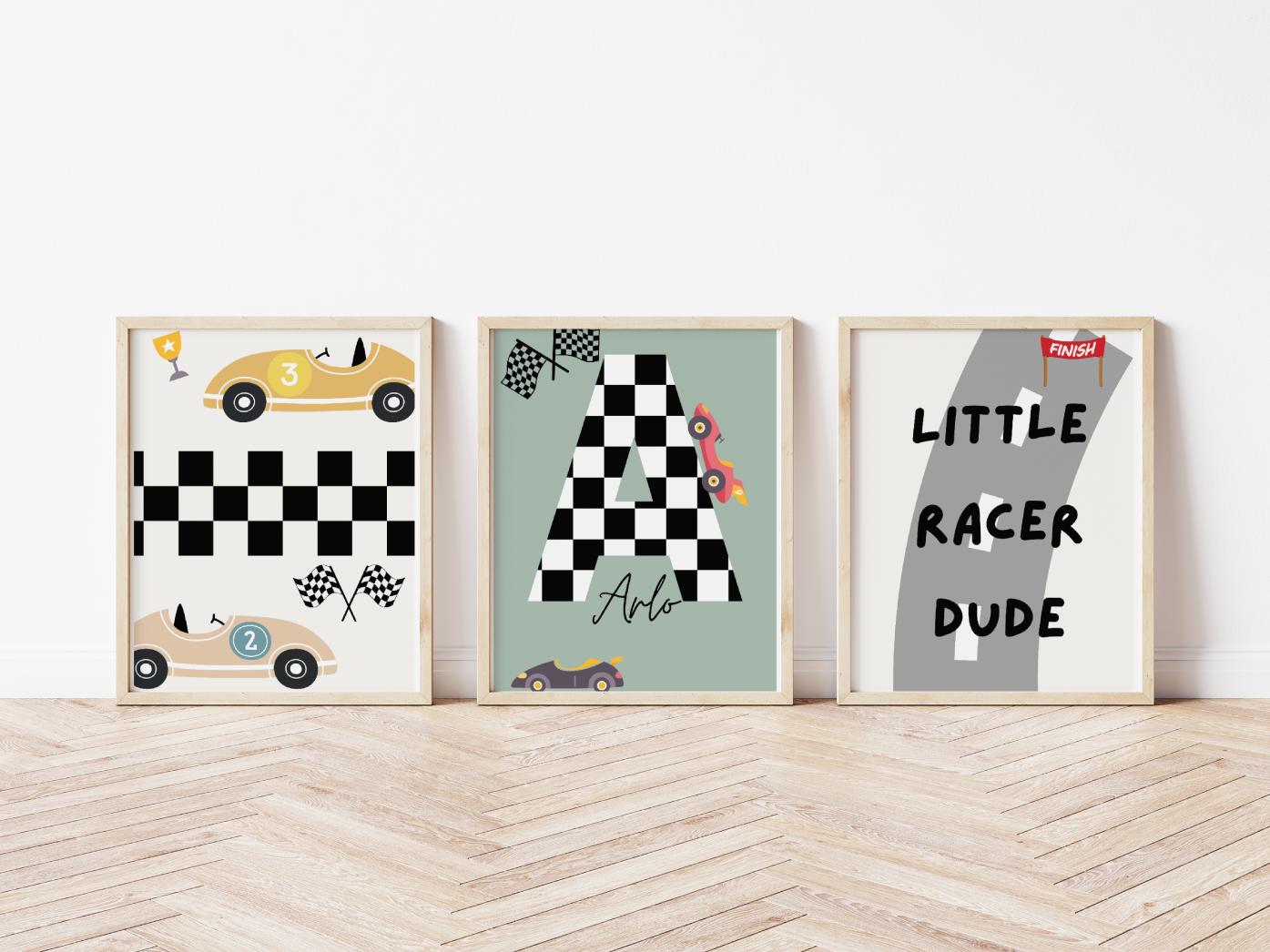 Personalized Racer Car Prints, Boys Nursery Decor, Playroom Wall Art