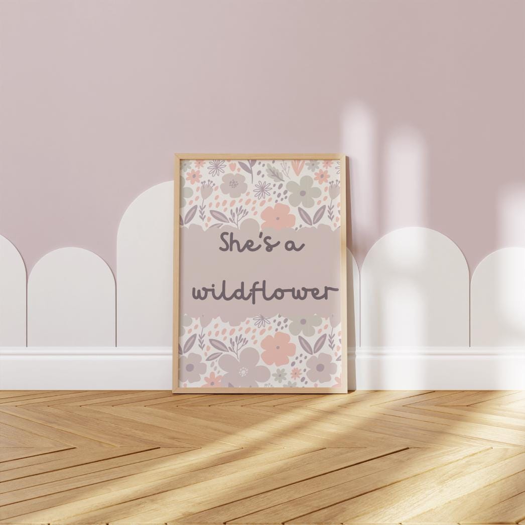 she's a wildflower floral room print for girls bedroom, nursery or playroom, floral wall decor, pastel colour art