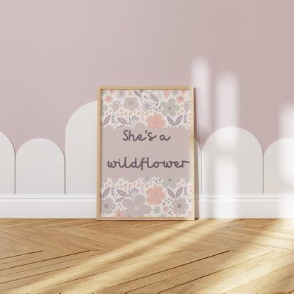 she's a wildflower floral room print for girls bedroom, nursery or playroom, floral wall decor, pastel colour art
