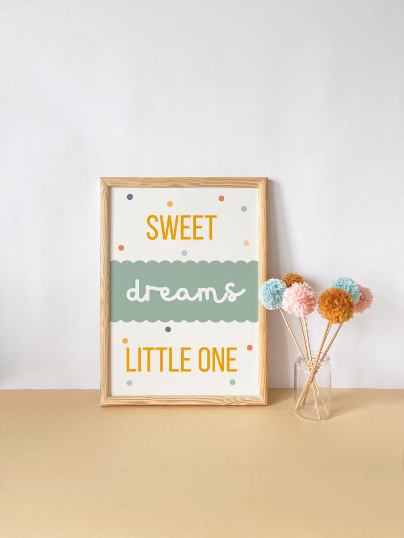 childrens room or nursery print, sweet dreams little one earthy toned room wall art