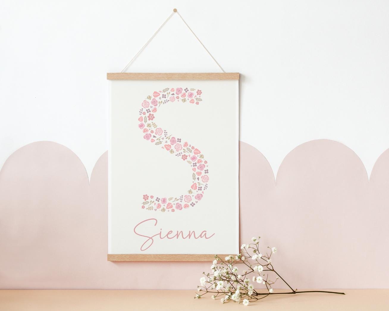 girls personalised floral initial name print for girls room print for bedroom, nursery or playroom, printed wall art for childrens bedroom
