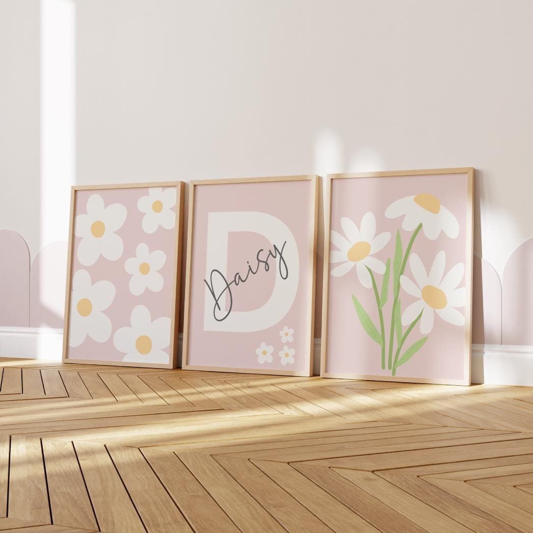 personalised Set of 3 Girls pink floral daisy themed Wall Art Prints for bedroom, nursery or playroom