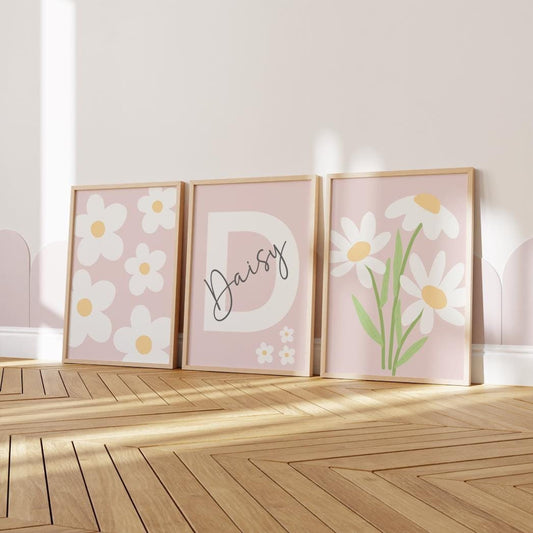 personalised Set of 3 Girls pink floral daisy themed Wall Art Prints for bedroom, nursery or playroom