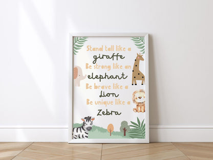 Safari childrens wall print for nursery or bedroom, animal wall decor, Jungle wildlife poster