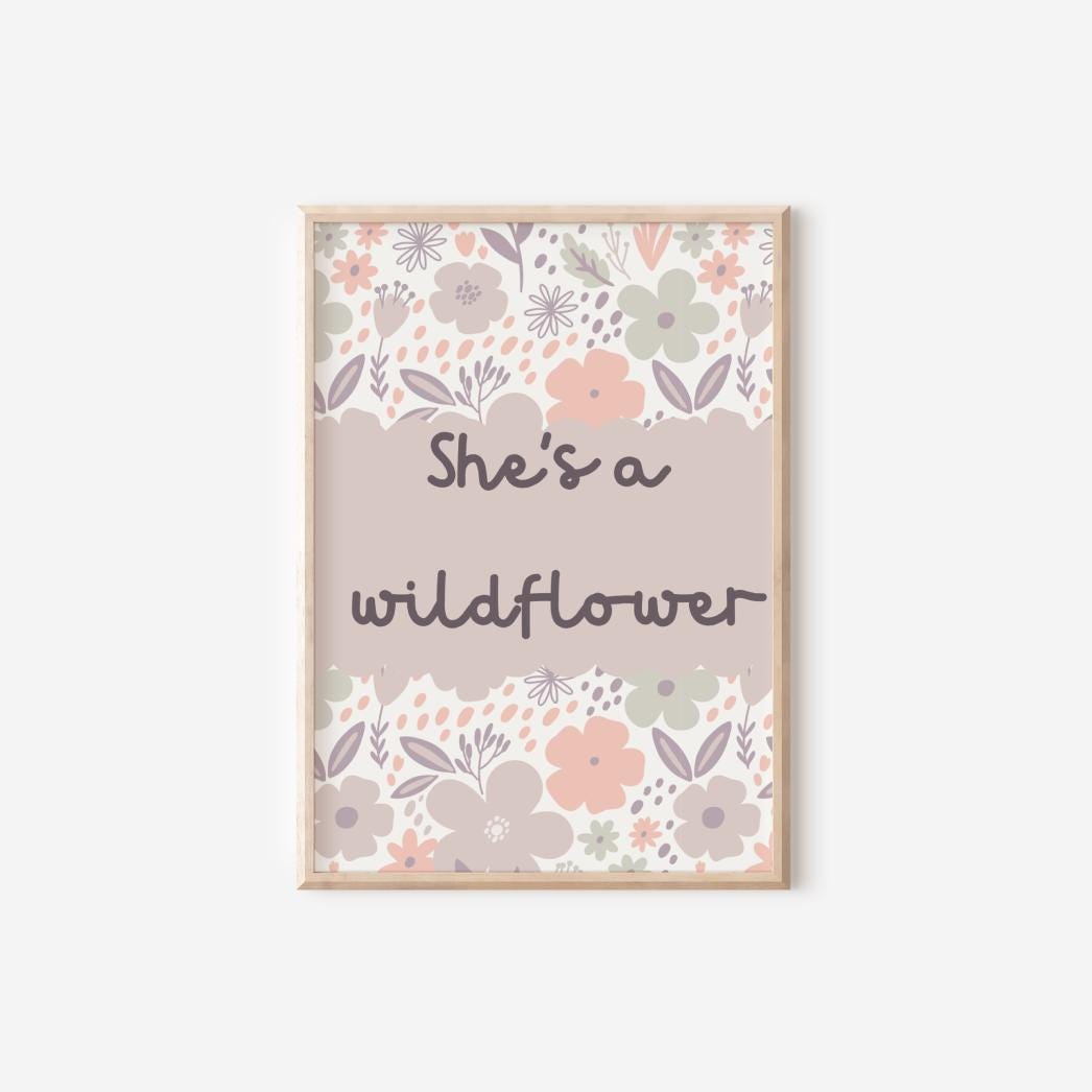 she's a wildflower floral room print for girls bedroom, nursery or playroom, floral wall decor, pastel colour art