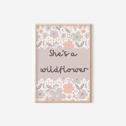 she's a wildflower floral room print for girls bedroom, nursery or playroom, floral wall decor, pastel colour art