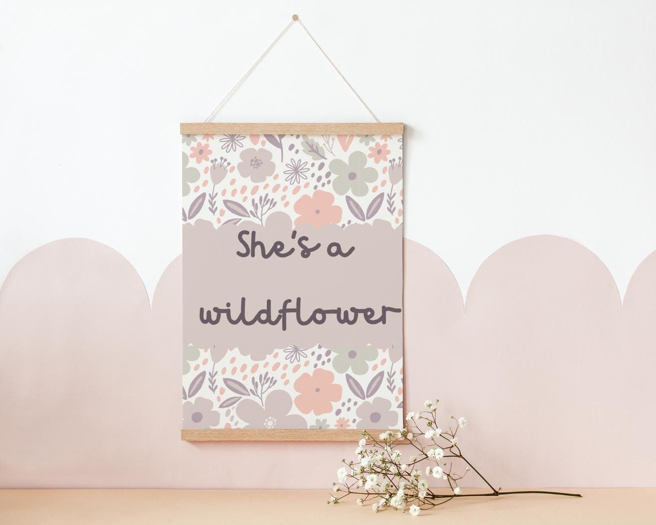 she's a wildflower floral room print for girls bedroom, nursery or playroom, floral wall decor, pastel colour art