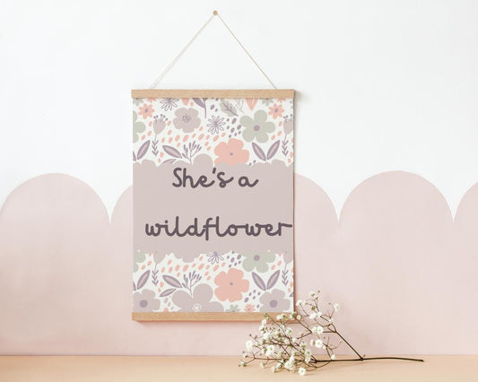 she's a wildflower floral room print for girls bedroom, nursery or playroom, floral wall decor, pastel colour art