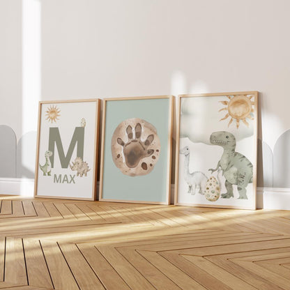 personalised dinosaur theme print set for boys nursery, bedroom or playroom, dino wall print set, kids wall prints, dino lover decor