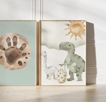 personalised dinosaur theme print set for boys nursery, bedroom or playroom, dino wall print set, kids wall prints, dino lover decor