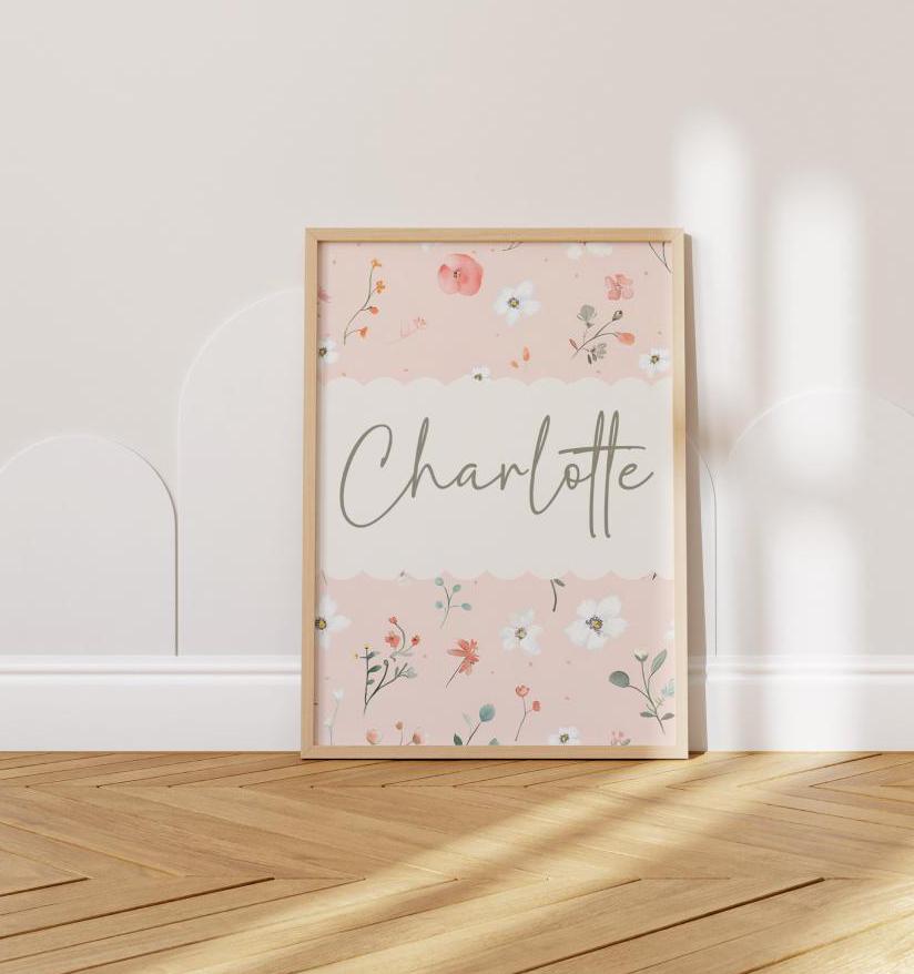 girls personalised pink floral wall print for nursery, bedroom or playroom, childrens room decor