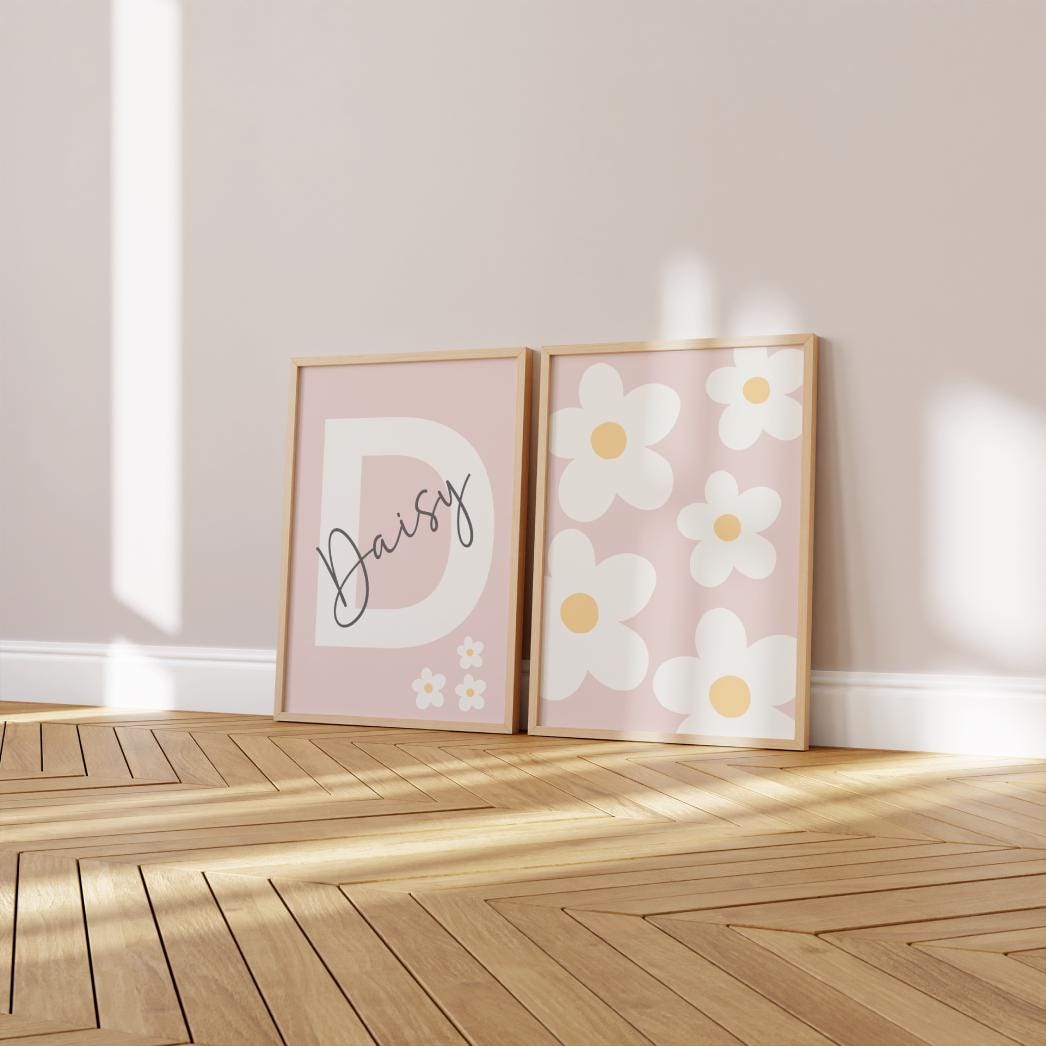 Personalised Daisy Nursery Prints, Floral Wall Art, Set of 2