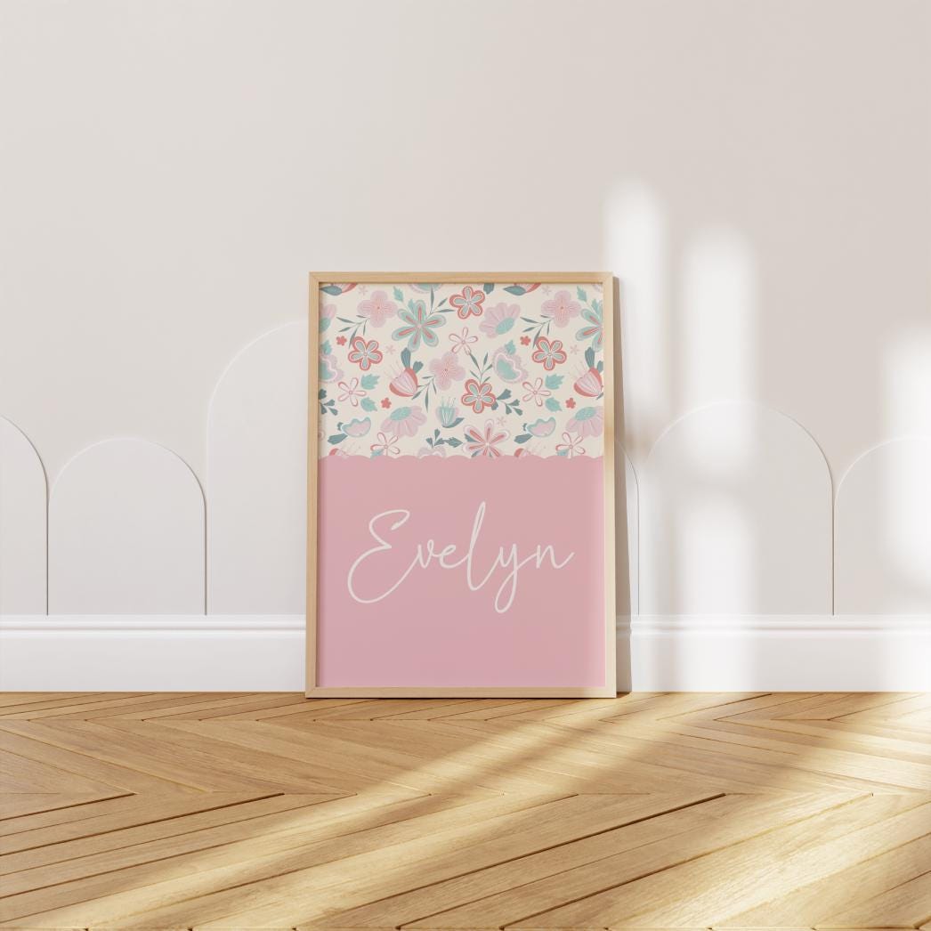 girls personalised pink floral wall print for bedroom or nursery