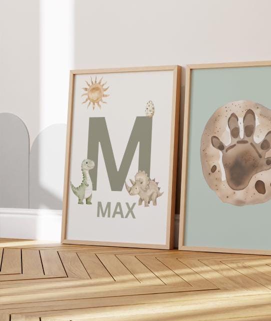 personalised dinosaur theme print set for boys nursery, bedroom or playroom, dino wall print set, kids wall prints, dino lover decor