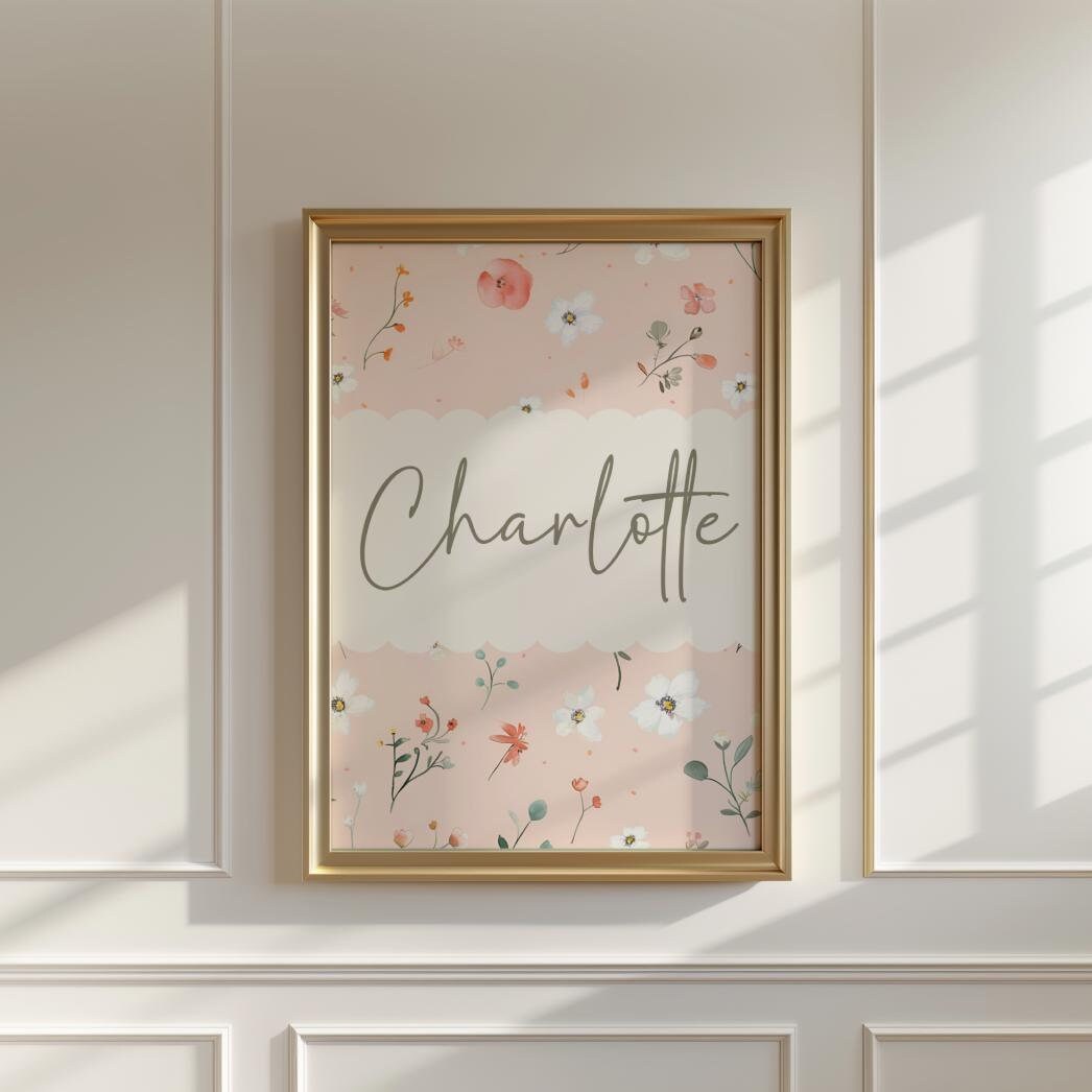 girls personalised pink floral wall print for nursery, bedroom or playroom, childrens room decor