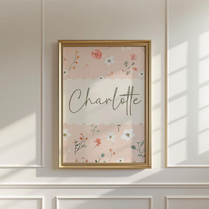 girls personalised pink floral wall print for nursery, bedroom or playroom, childrens room decor