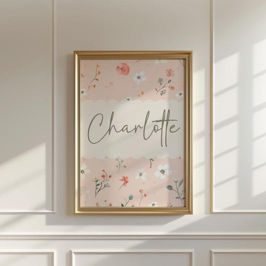 girls personalised pink floral wall print for nursery, bedroom or playroom, childrens room decor