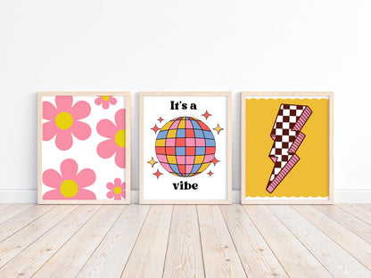 girls set of room prints, bright retro disco themed wall print set for girls bedroom, nursery or playroom