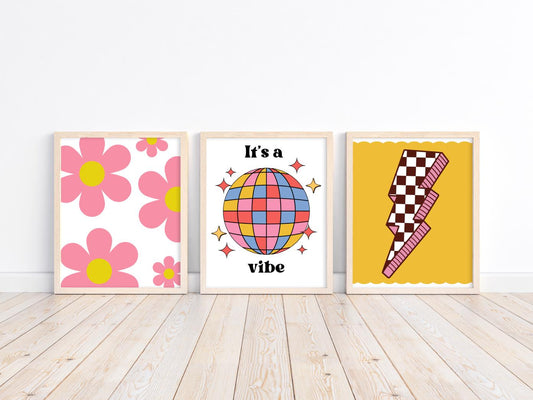 girls set of room prints, bright retro disco themed wall print set for girls bedroom, nursery or playroom