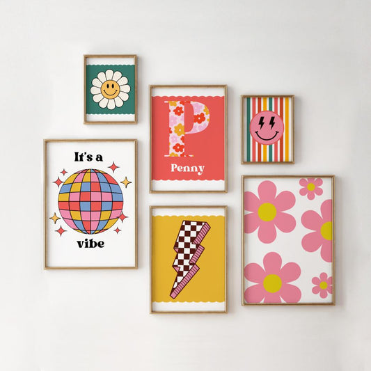 set of prints for girls room , bright personalised retro gallery wall decor, good vibes art  (unframed)