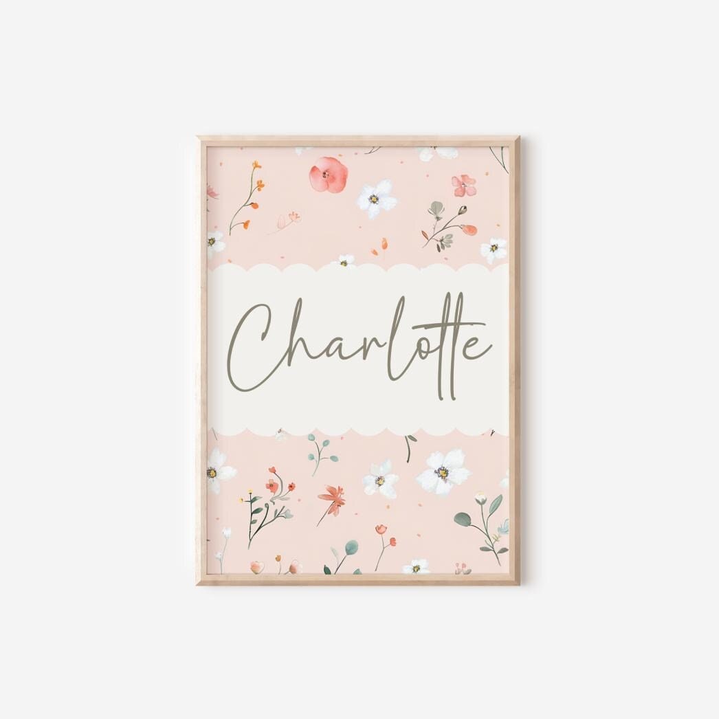 girls personalised pink floral wall print for nursery, bedroom or playroom, childrens room decor