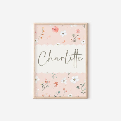 girls personalised pink floral wall print for nursery, bedroom or playroom, childrens room decor