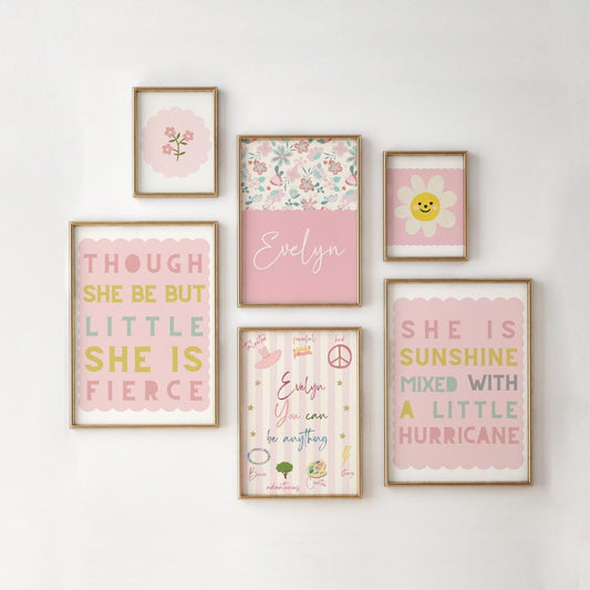 set of personalised prints for girls bedroom, affirmation quotes decor, you can be anything, floral art