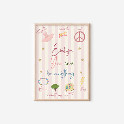 set of personalised prints for girls bedroom, affirmation quotes decor, you can be anything, floral art