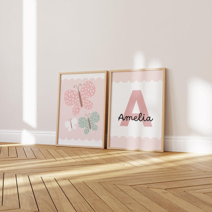 Set of 2 personalised pink butterfly prints for girls bedroom, nursery or playroom, pink nursery decor, dusty pink butterfly wall art
