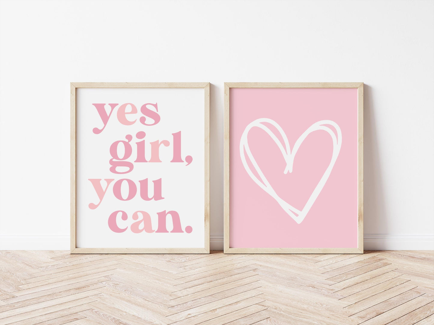 girls pink heart positive quote room print set, yes girl you can girls print for bedroom, teen room print