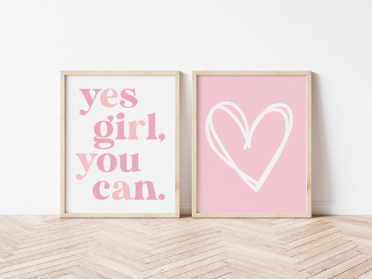 girls pink heart positive quote room print set, yes girl you can girls print for bedroom, teen room print