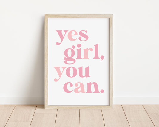 girls pink heart positive quote room print set, yes girl you can girls print for bedroom, teen room print