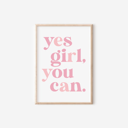 girls pink heart positive quote room print set, yes girl you can girls print for bedroom, teen room print