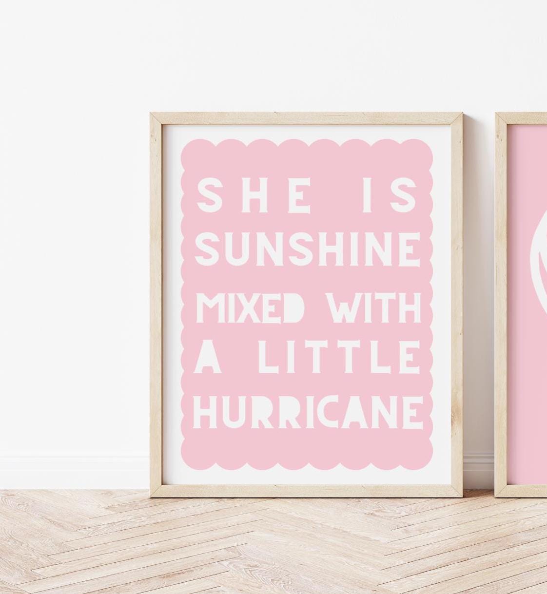 girls pink positive inspirational room prints for bedroom or nursery, she is sunshine mixed with a little hurricane