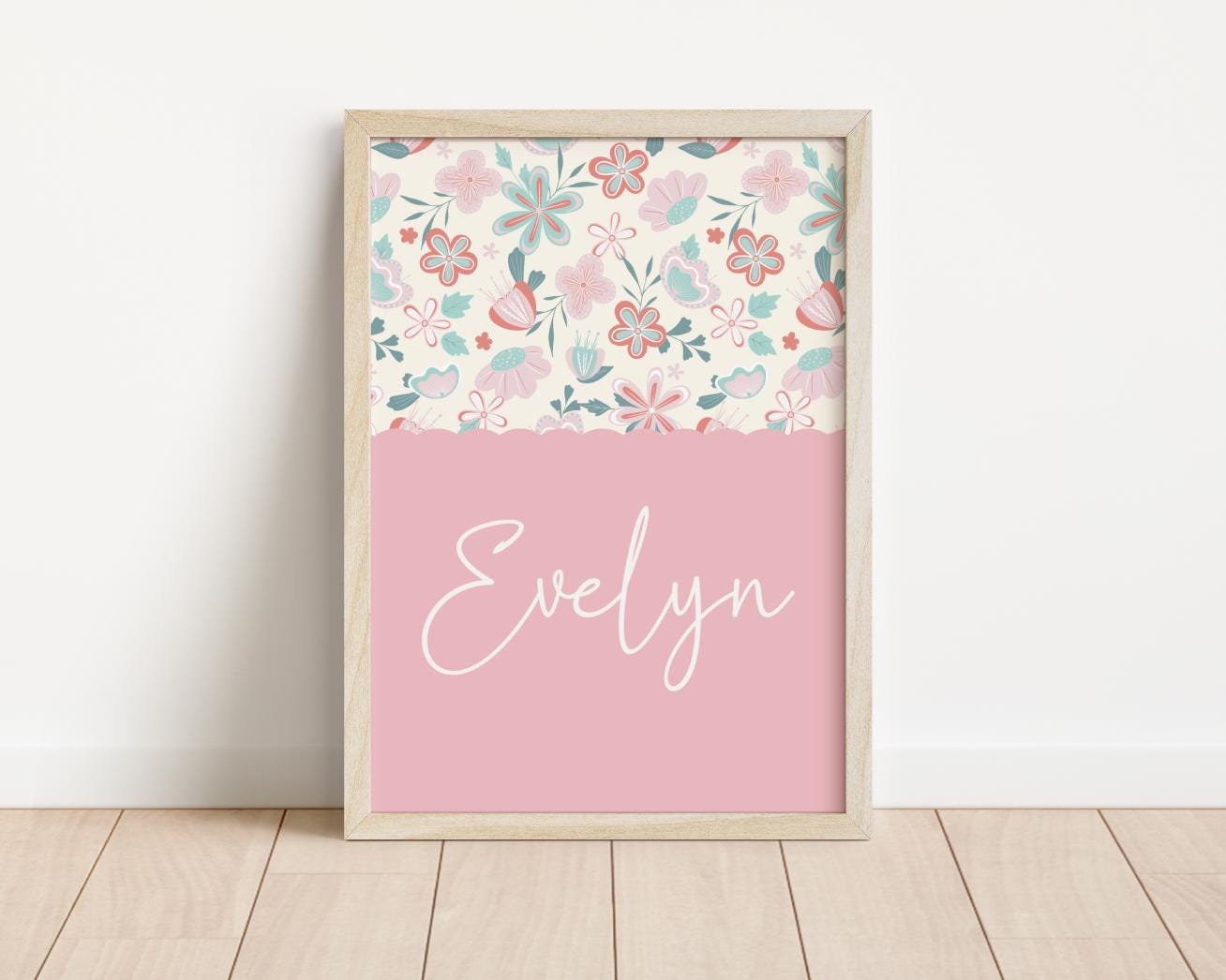 girls personalised pink floral wall print for bedroom or nursery