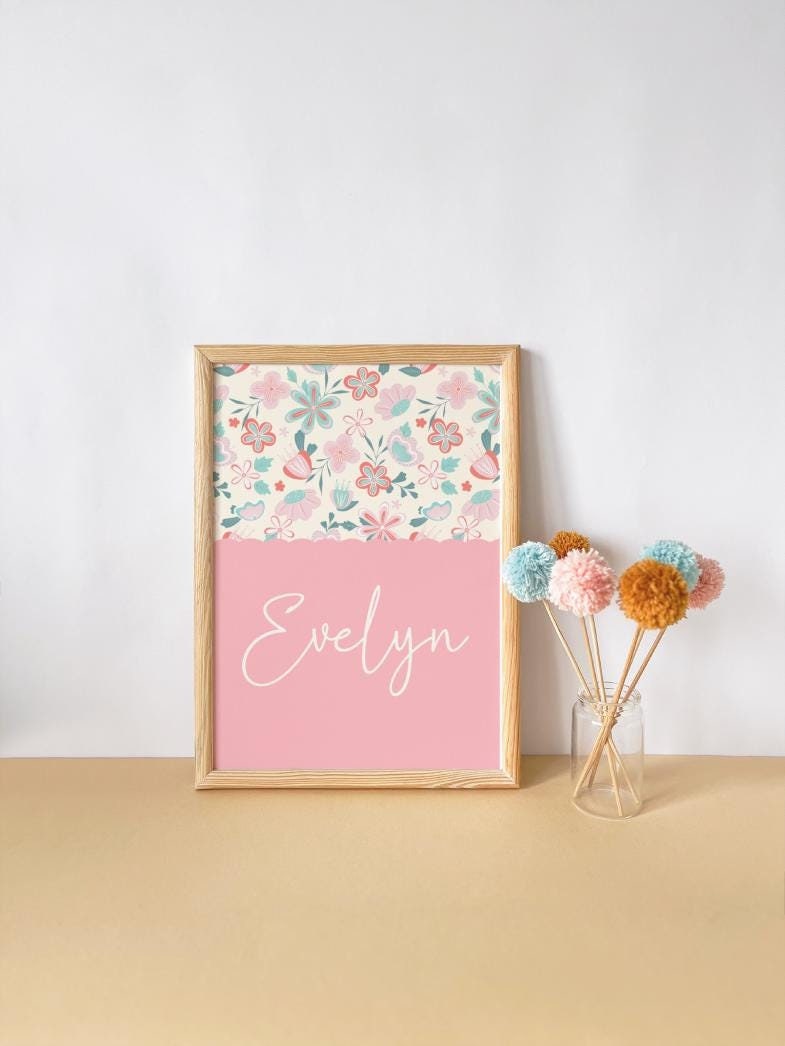 girls personalised pink floral wall print for bedroom or nursery