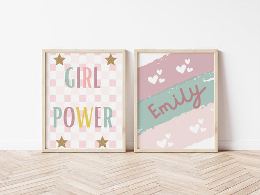 girls personalised affirmation girl power print set of 2, girls wall decor for bedroom