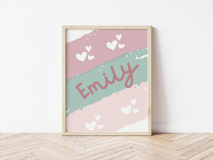 Personalised Girls Name Print, Pink and Green Heart Decor