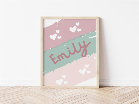 Personalised Girls Name Print, Pink and Green Heart Decor