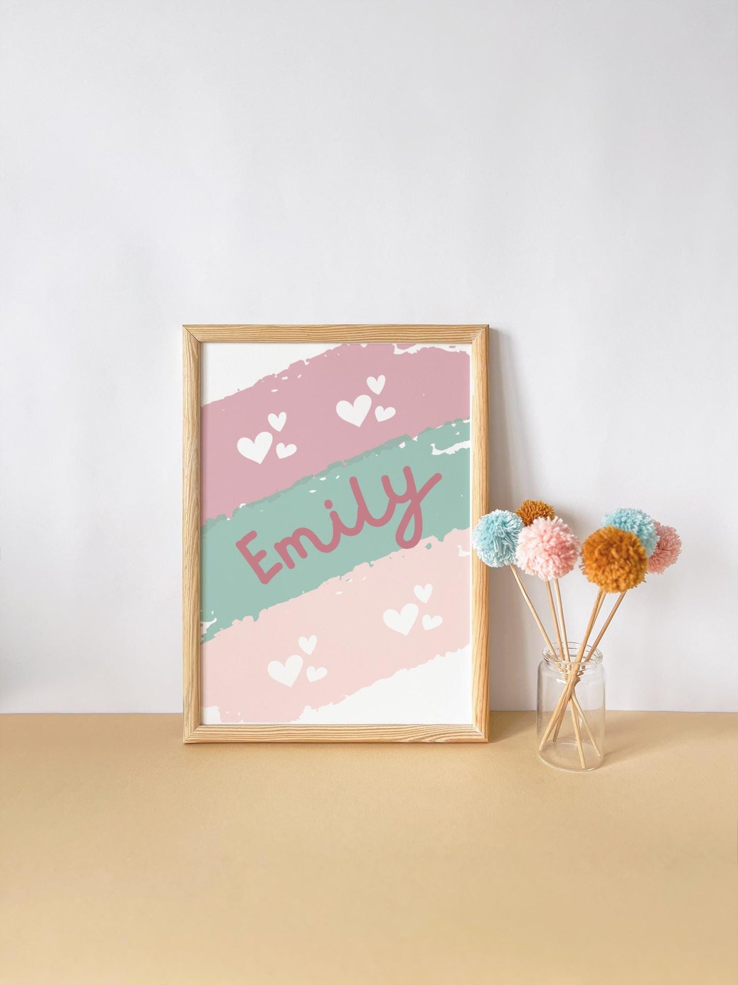Personalised Girls Name Print, Pink and Green Heart Decor