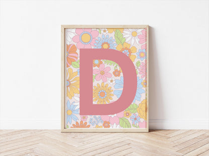 girls wall print set, retro bright floral personalised girls room prints, bright colourful childrens prints