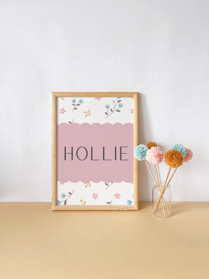 Floral personalised print for girls nursery, bedroom or playroom, flower poster for childrens room