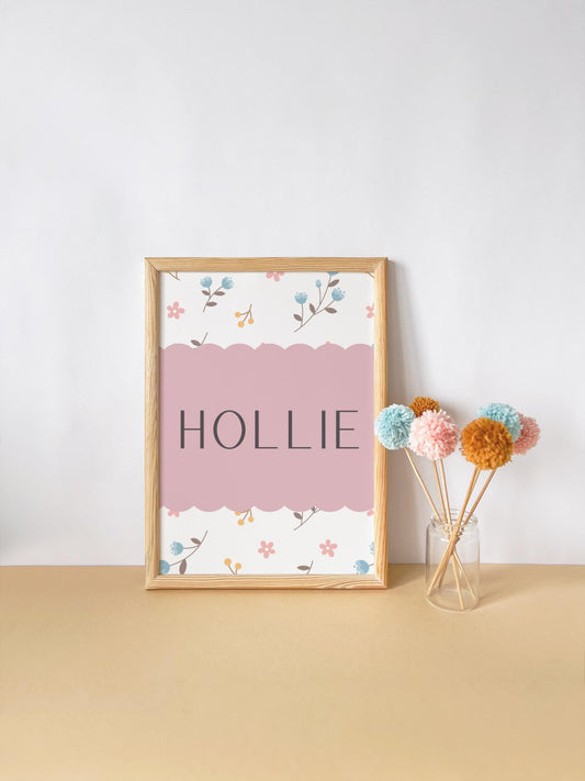 Floral personalised print for girls nursery, bedroom or playroom, flower poster for childrens room