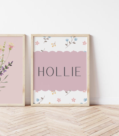 Floral personalised print for girls nursery, bedroom or playroom, flower poster for childrens room