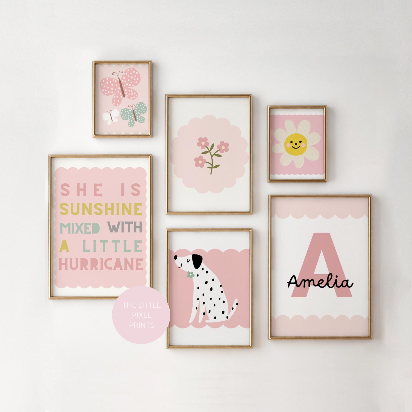 girls personalised pink set of wall prints for bedroom, nursery or playroom (prints only )