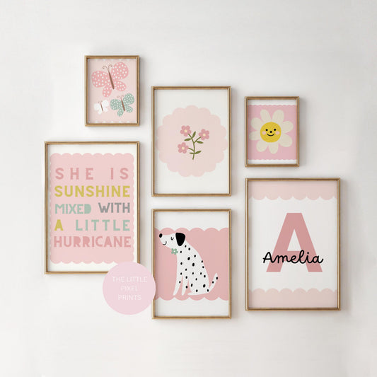 girls personalised pink set of wall prints for bedroom, nursery or playroom (prints only )