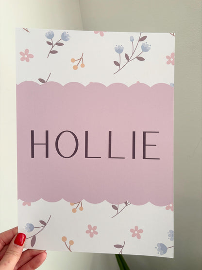 Floral personalised print for girls nursery, bedroom or playroom, flower poster for childrens room